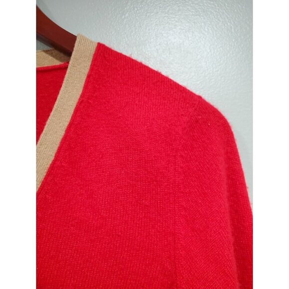 Magaschoni Women’s Cashmere Red Button Down Cardigan Sweater Tan Trim Sz M - Picture 12 of 15